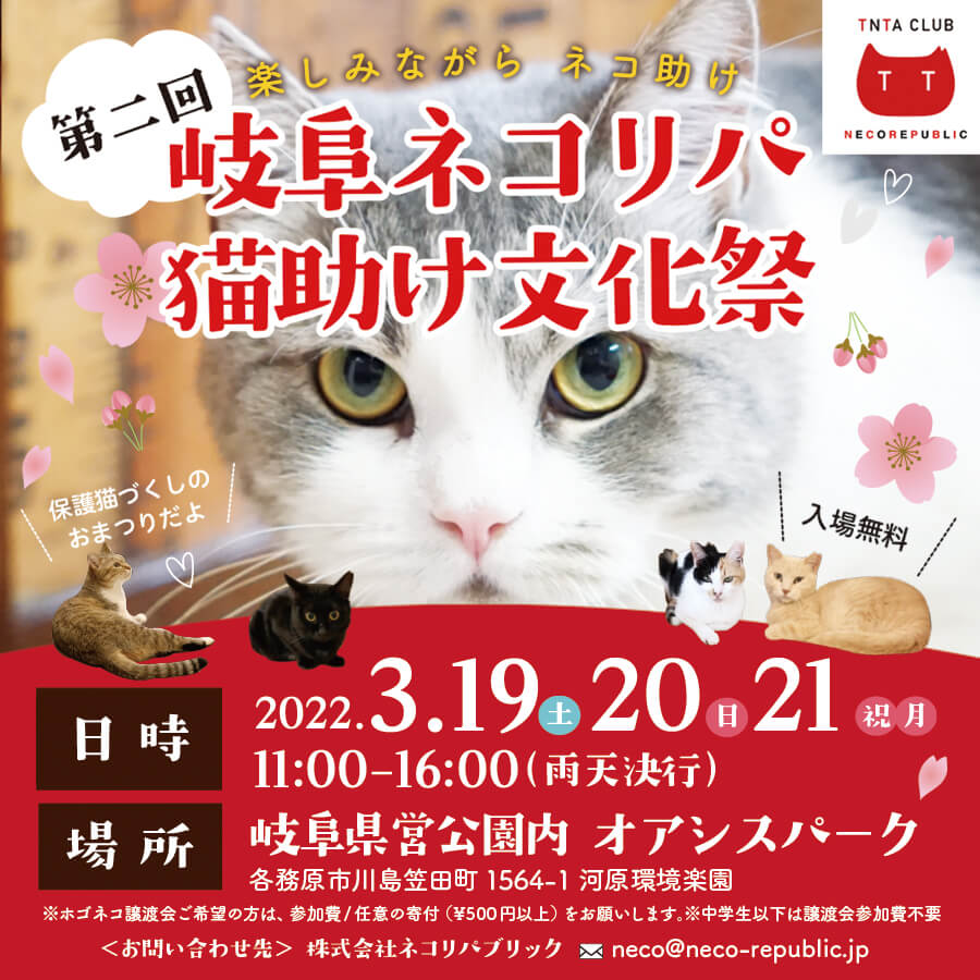 3月19日日21日は 岐阜ネコリパ猫助け文化祭 オアシスパーク ネコリパブリック 日本の猫の殺処分をゼロに